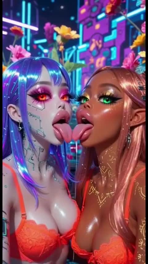 Hot sexy cyberpunk lesbians kiss