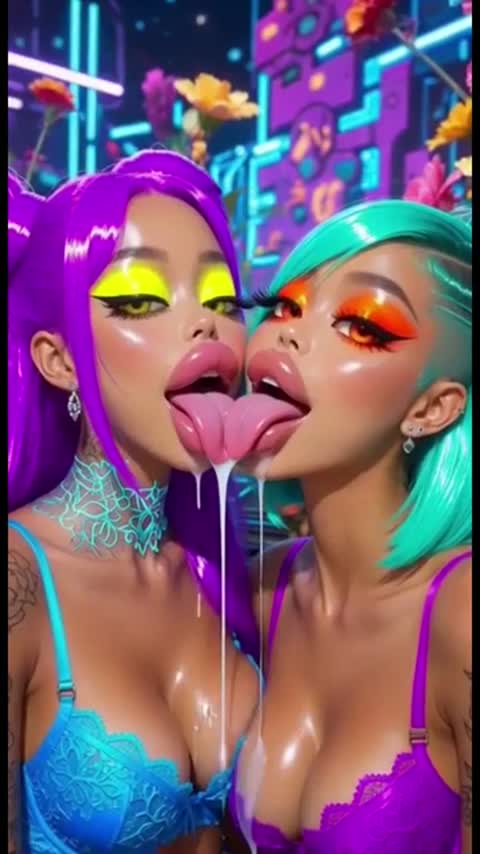 Hot sexy cyberpunk lesbians kiss