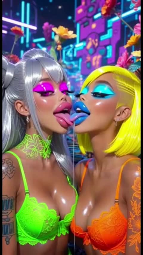Hot sexy cyberpunk lesbians kiss